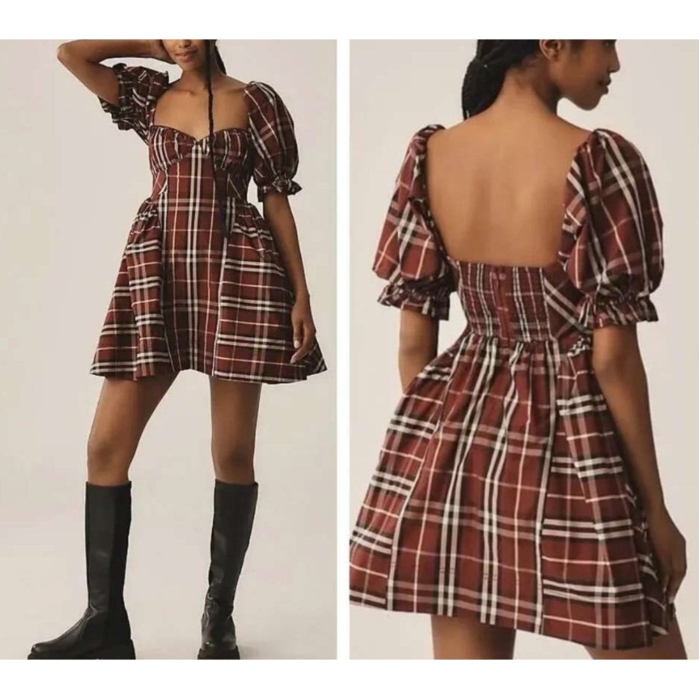 Anthropologie Maeve Puff Sleeve Plaid Mini Dress Burgundy Black Size S OB2080843